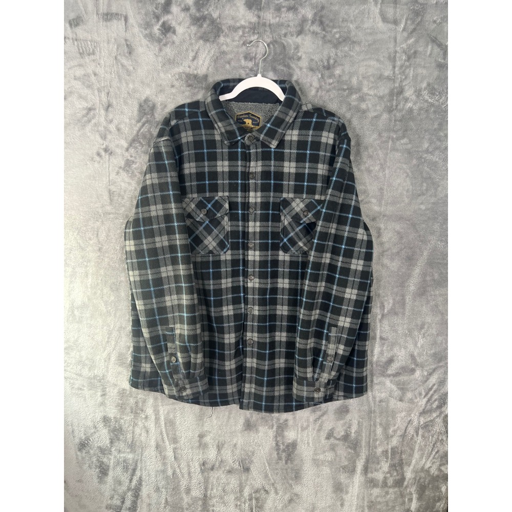 Freedom Foundry Mens XXL Fleece Sherpa Lined Plaid Shirt Jacket Black Grey Blue